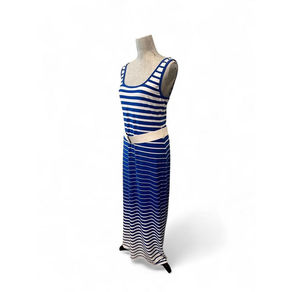 Roz & Ali blue & white horizontal striped sleeveless belted maxi summer dress - Picture 2 of 7